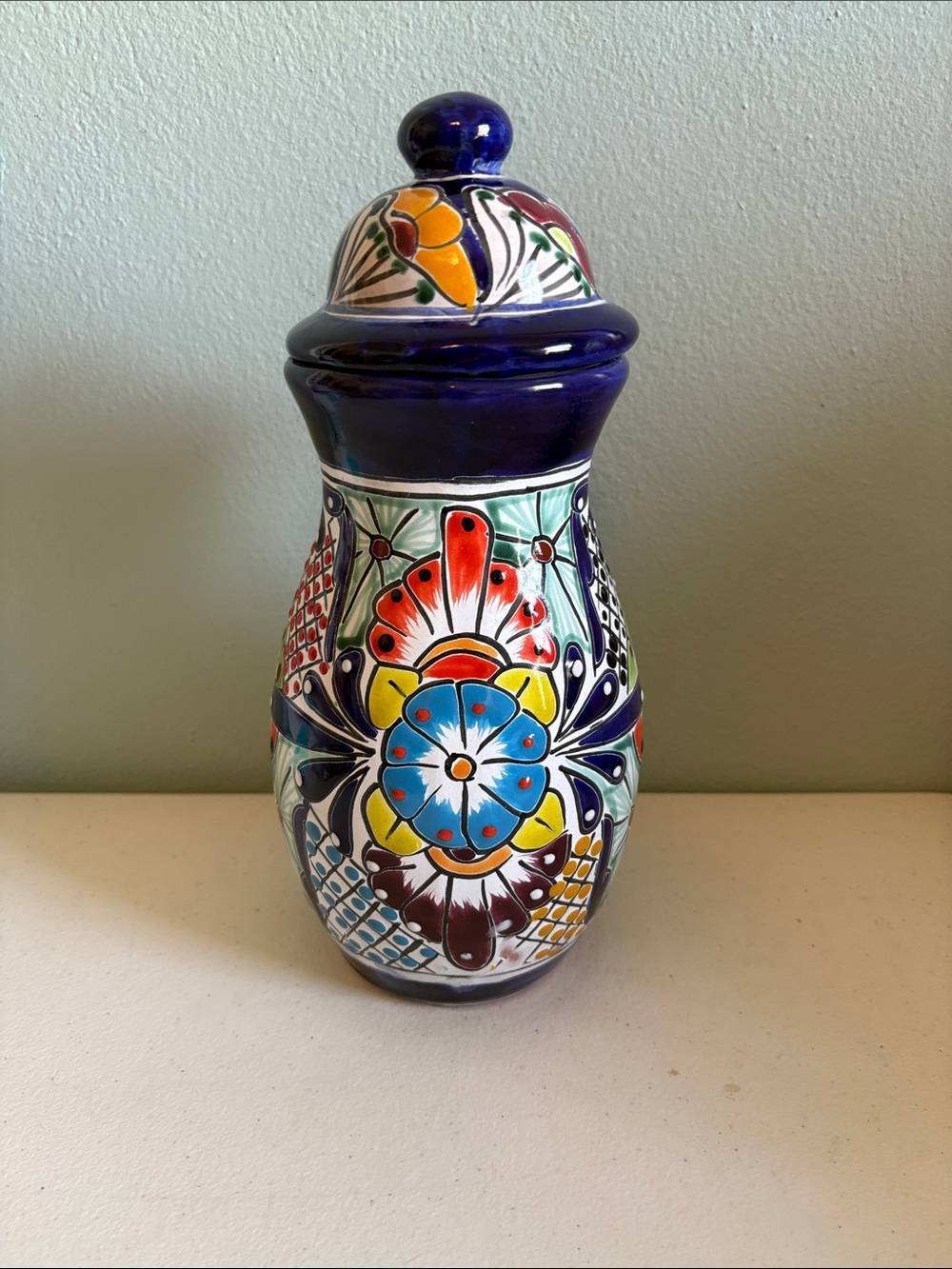 Hand-Painted Mexican Talavera Ceramic Jar Multicolor